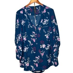 Justify Floral Blouse Women 2X Teal Pink Roll Tab Sleeve V-Neck  Zip Pocket